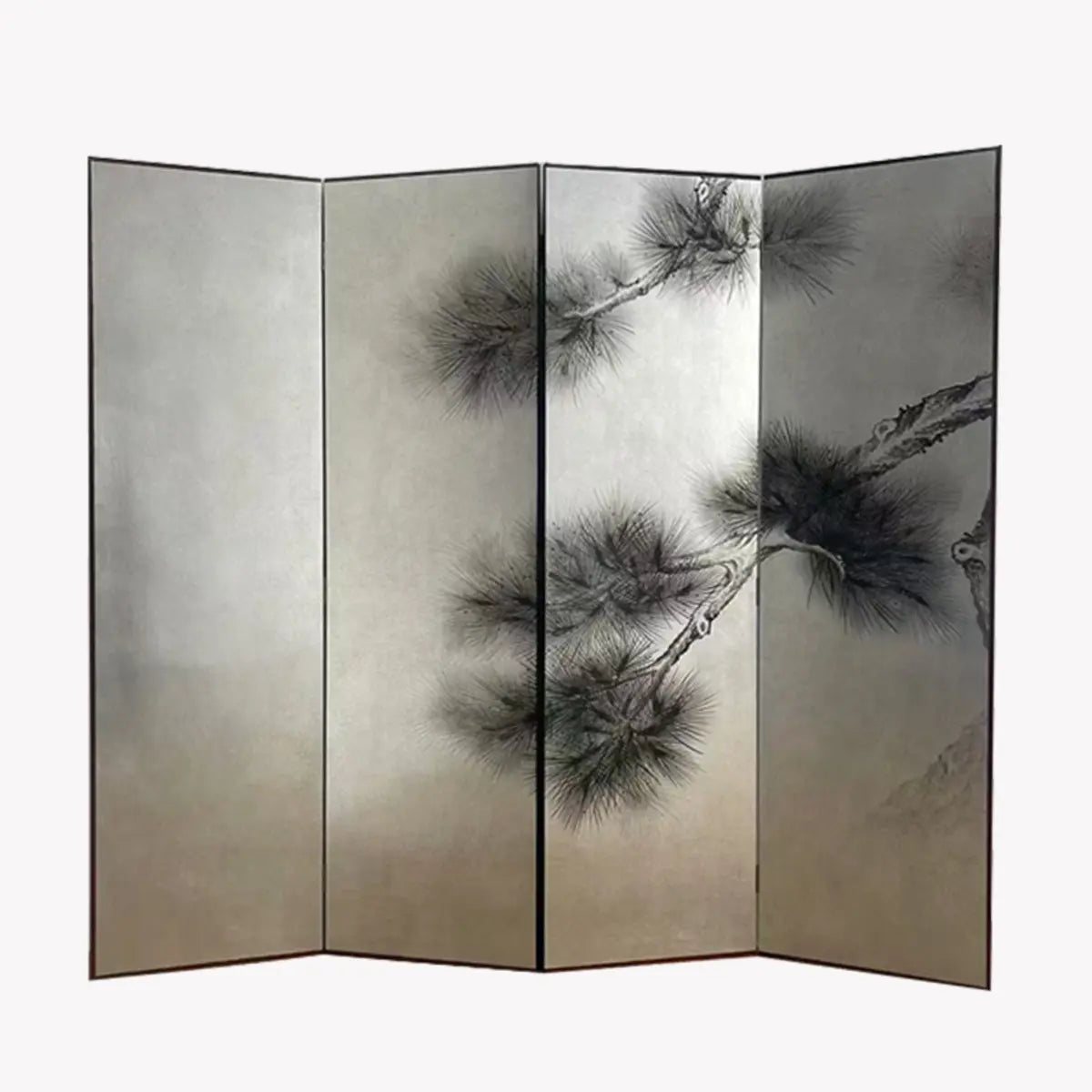 Black White Tree Painted Wood Folding Room Divider Image - 3