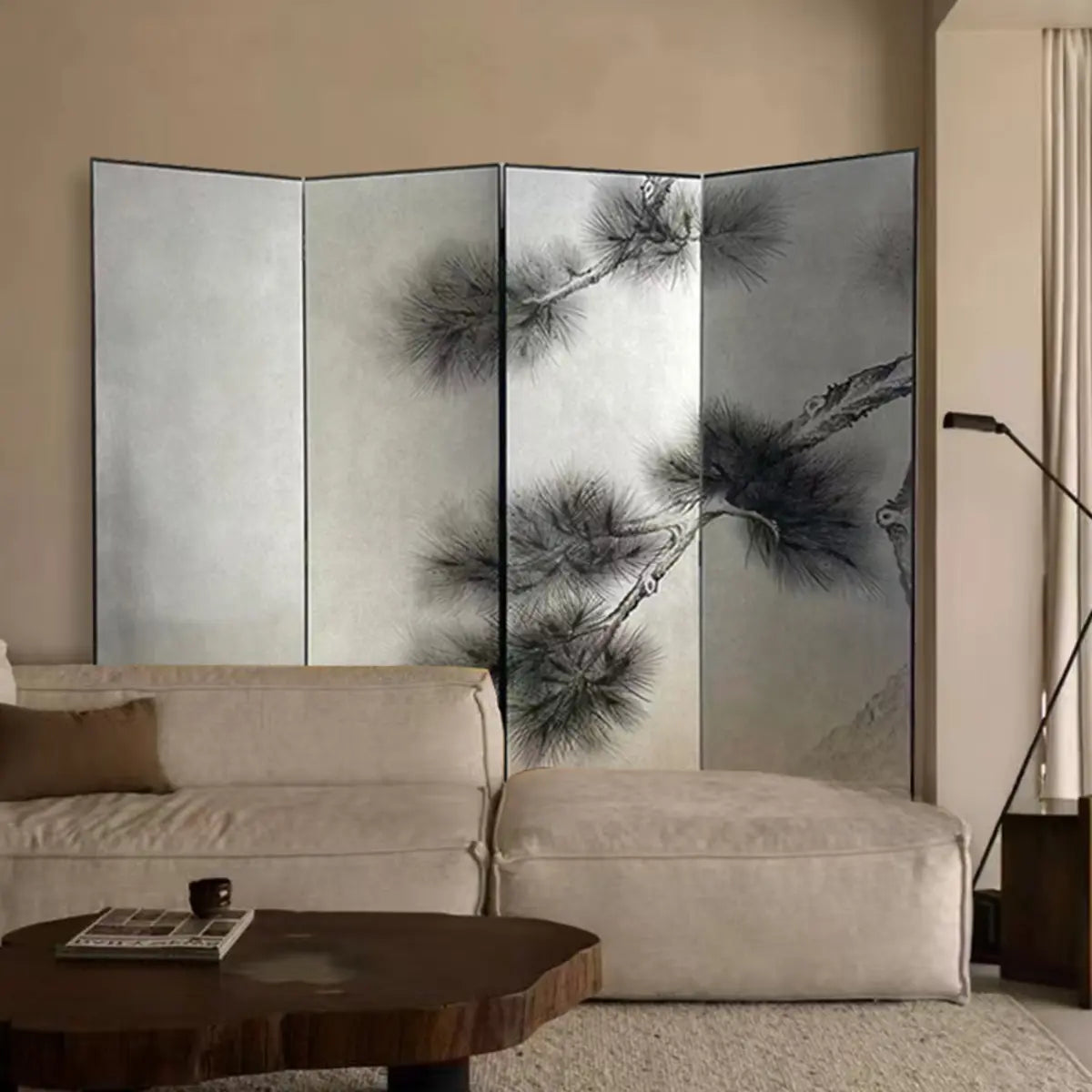 Black White Tree Painted Wood Folding Room Divider Image - 4