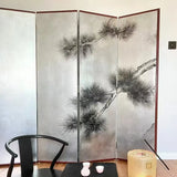 Black White Tree Painted Wood Folding Room Divider Image - 5