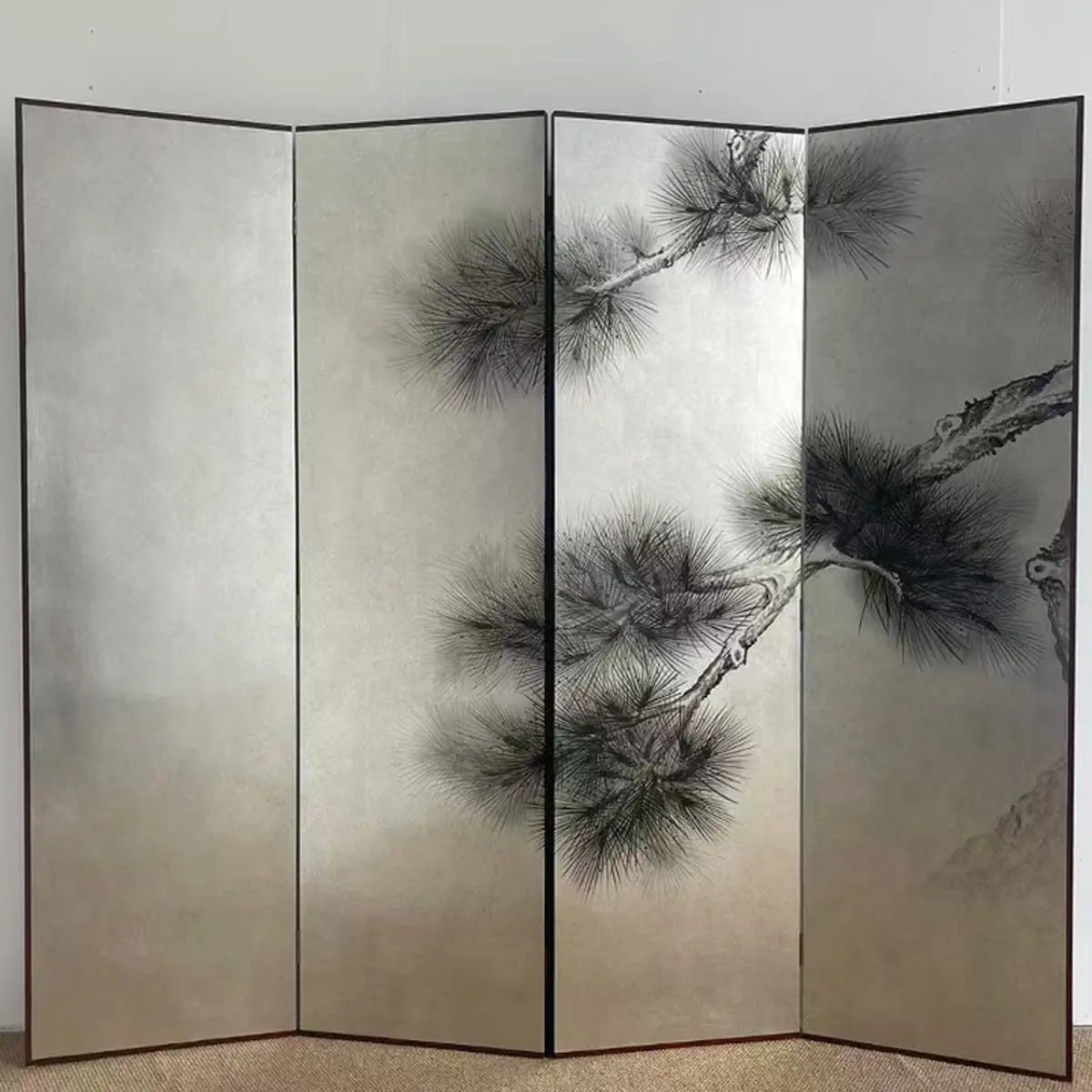 Black White Tree Painted Wood Folding Room Divider Image - 6