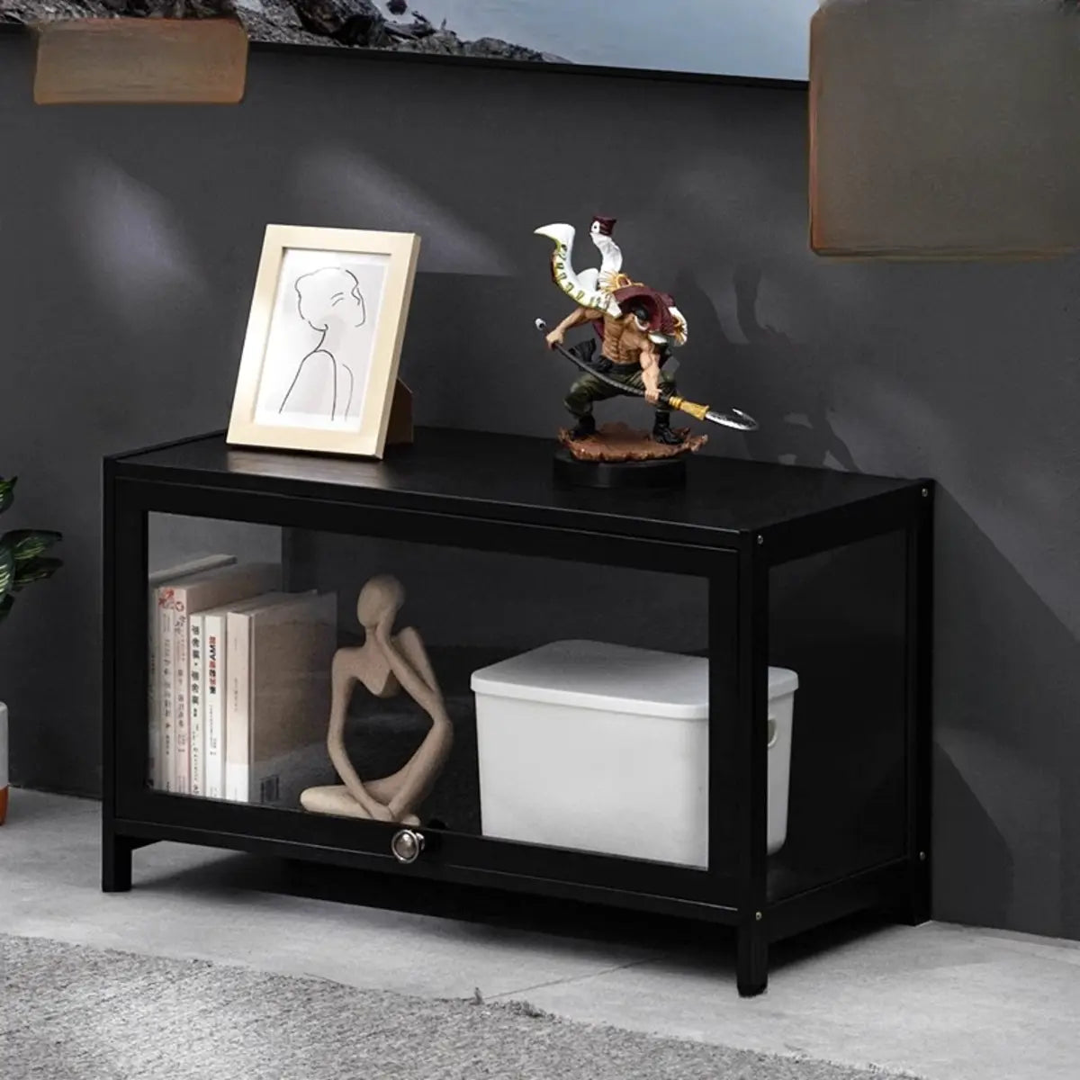 Black Wood Rectangle Display TV Stand with Cabinet Image - 2