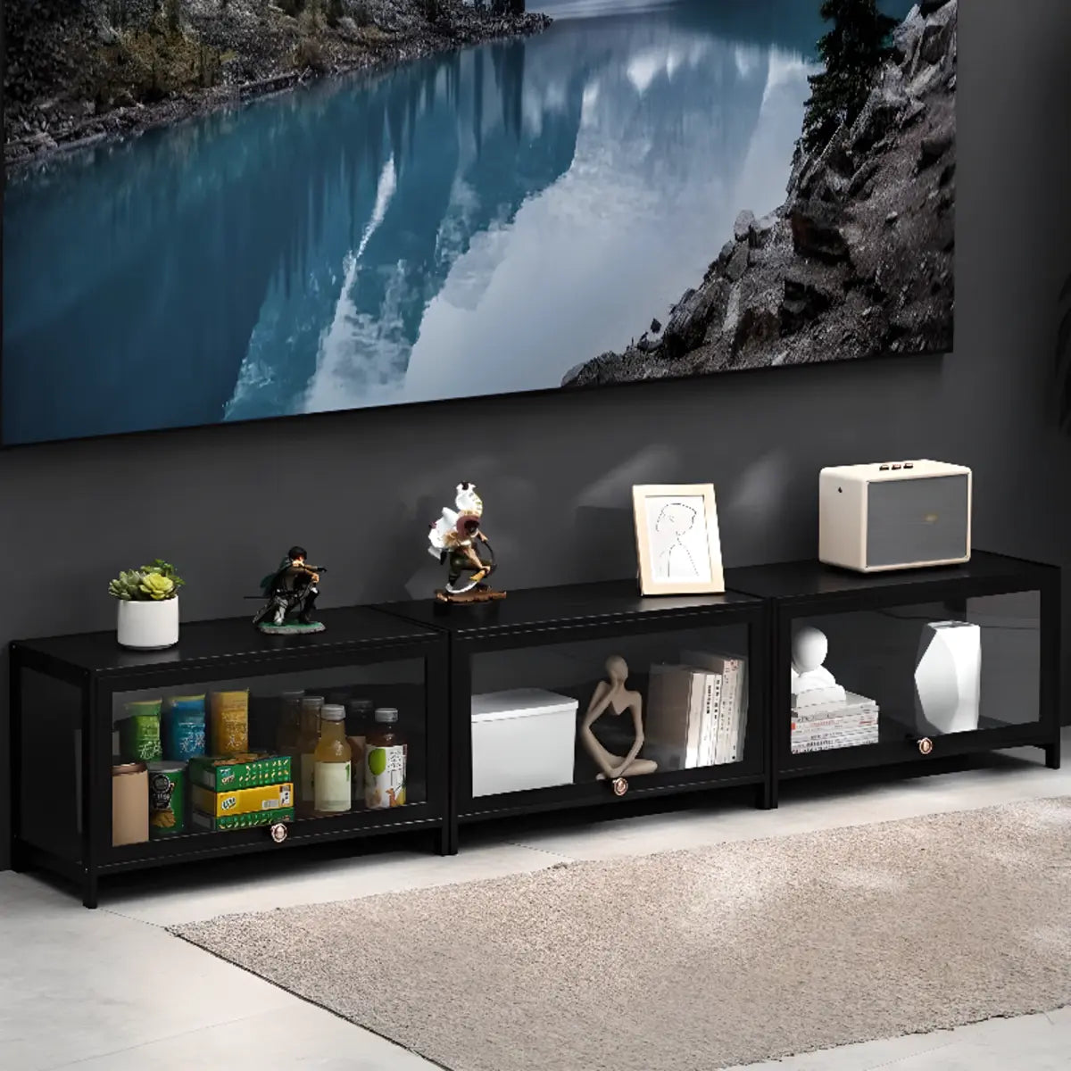 Black Wood Rectangle Display TV Stand with Cabinet Image - 6