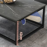 Black Wood Rectangle Shelf Iron Frame Coffee Table Image - 11