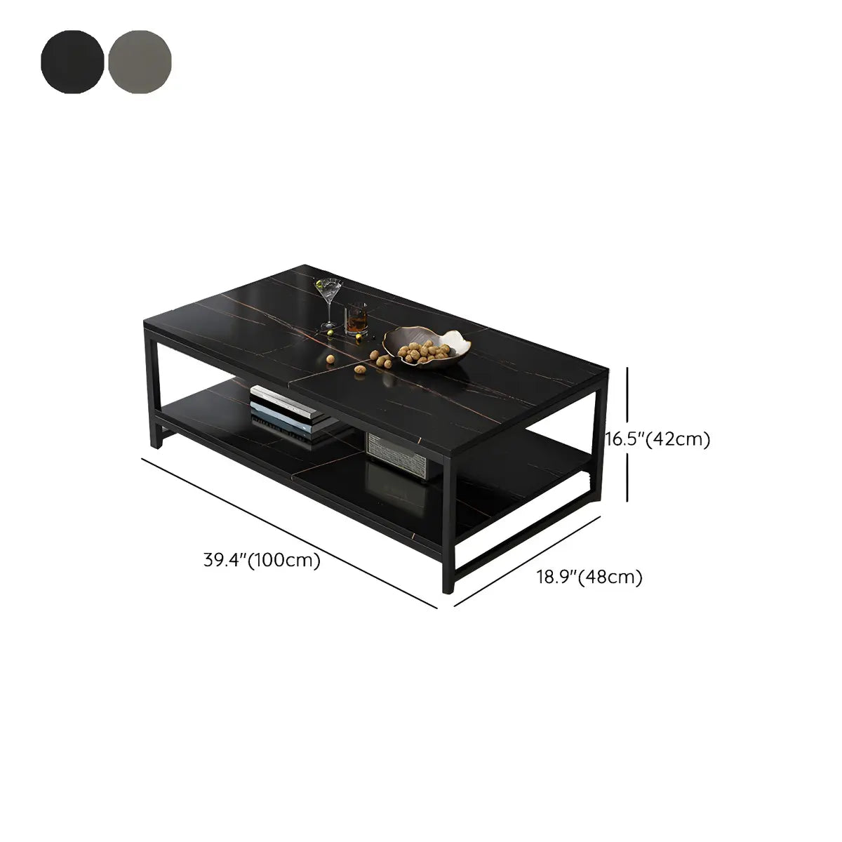 Black Wood Rectangle Shelf Iron Frame Coffee Table 