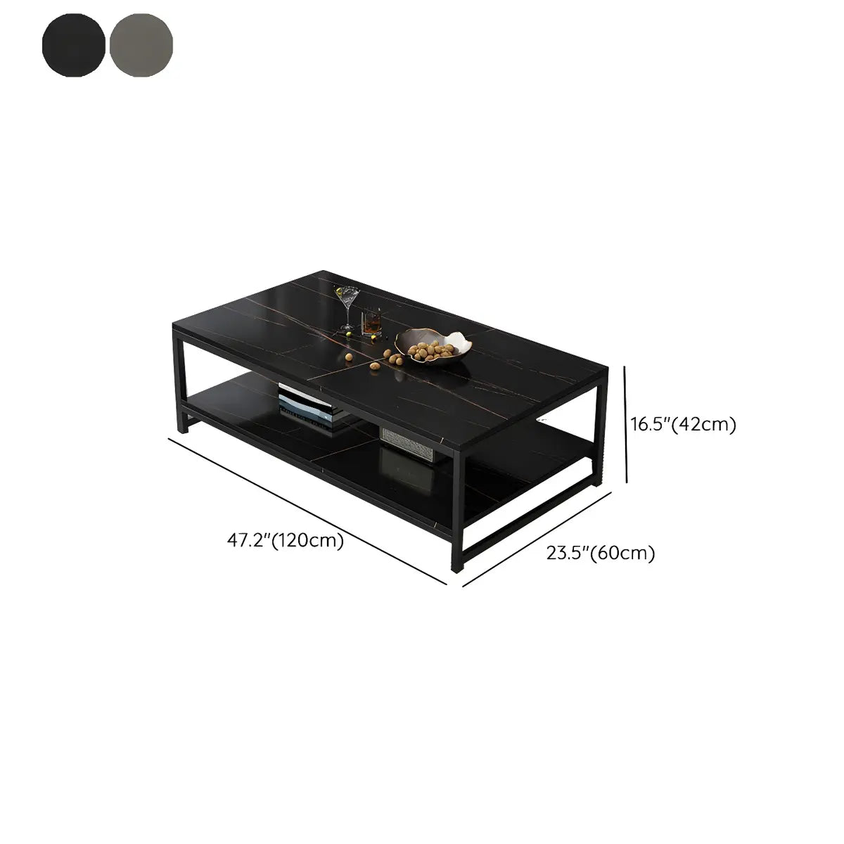 Black Wood Rectangle Shelf Iron Frame Coffee Table Image - 25