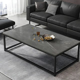 Black Wood Rectangle Shelf Iron Frame Coffee Table Image - 3