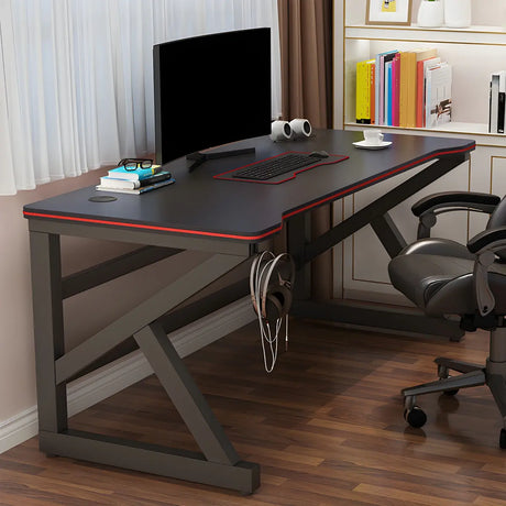 Black Wood Rectangular Metal Trestle Small Gaming Desk Image - 2