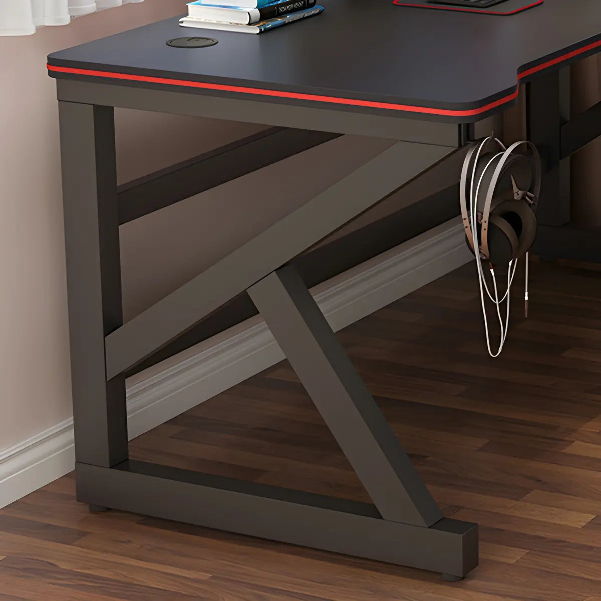 Black Wood Rectangular Metal Trestle Small Gaming Desk Image - 8