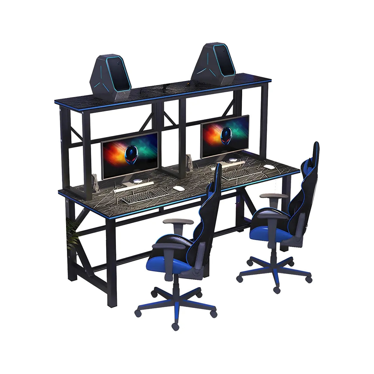 Black Wood Shelf Hutch Trestle Long Double Gaming Desk Image - 10