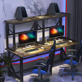 Black Wood Shelf Hutch Trestle Long Double Gaming Desk Image - 11