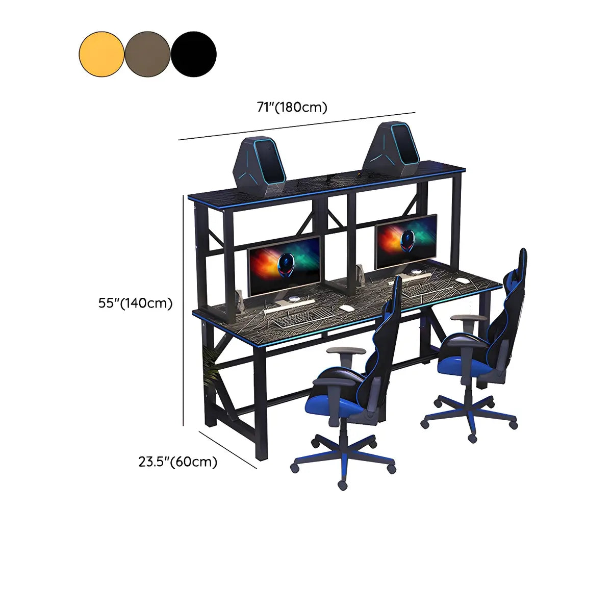 Black Wood Shelf Hutch Trestle Long Double Gaming Desk Image - 15