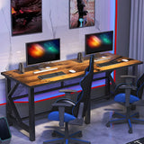 Black Wood Shelf Hutch Trestle Long Double Gaming Desk Image - 2