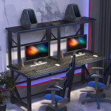 Black Wood Shelf Hutch Trestle Long Double Gaming Desk Image - 7