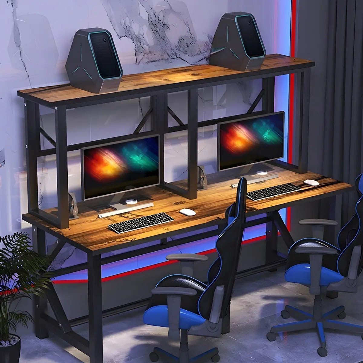 Black Wood Shelf Hutch Trestle Long Double Gaming Desk Image - 9