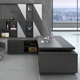 Black Wood Storage Drawers Shelf L-Shape Executive Desk Image - 10