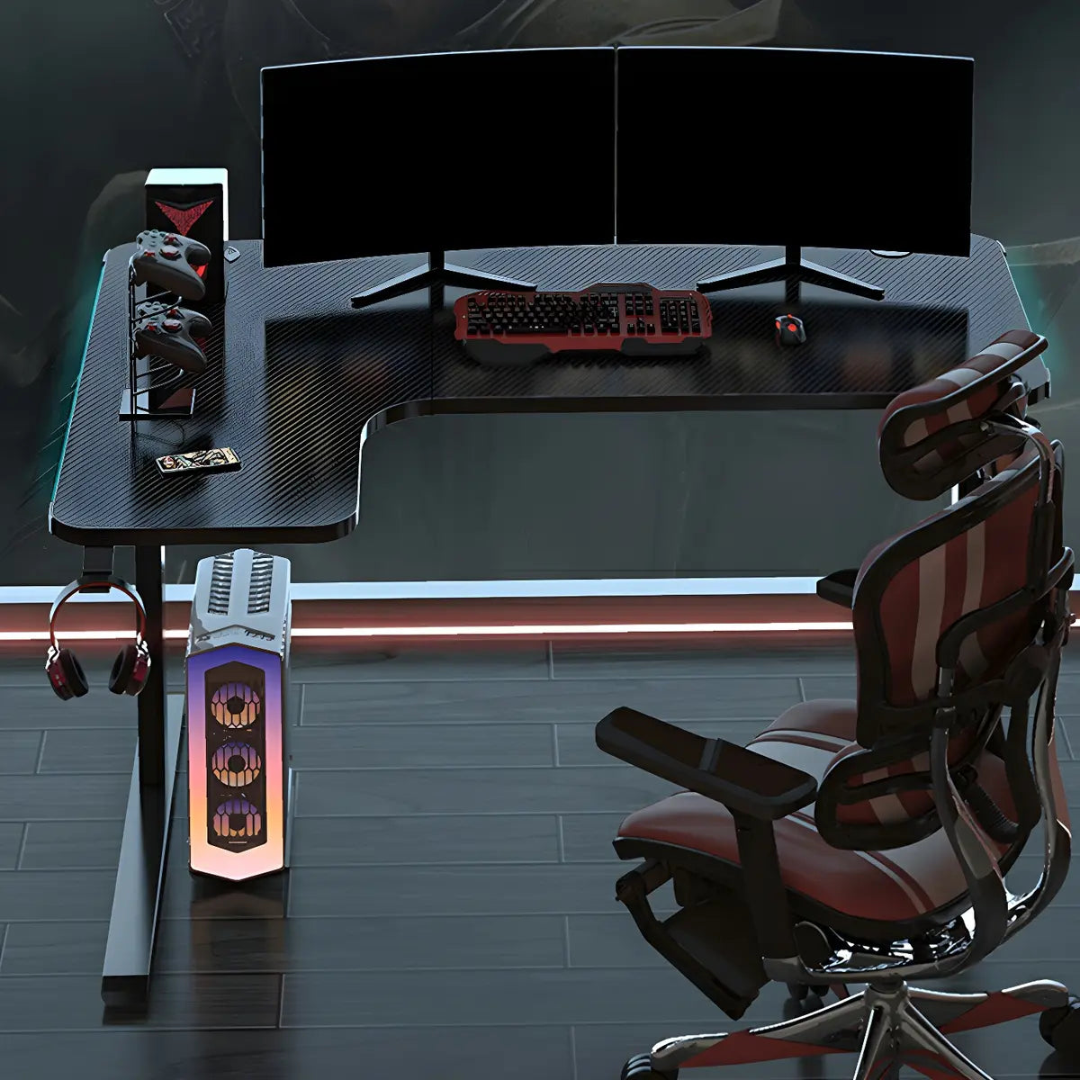 Black Wood T-Shape Base L-Shape Standard Gaming Desk Image - 3