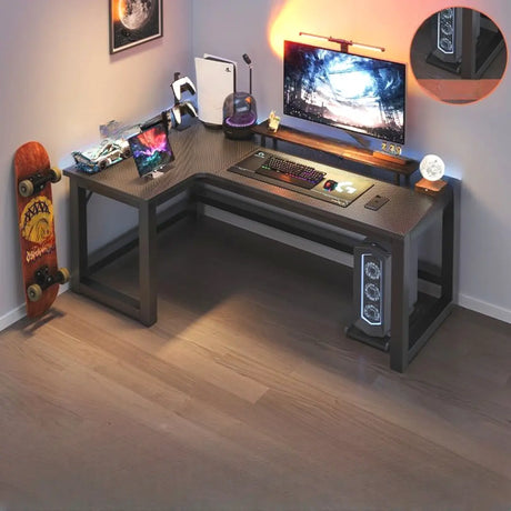 Black Wooden Cable Management L-Shape Computer Desk Image - 2