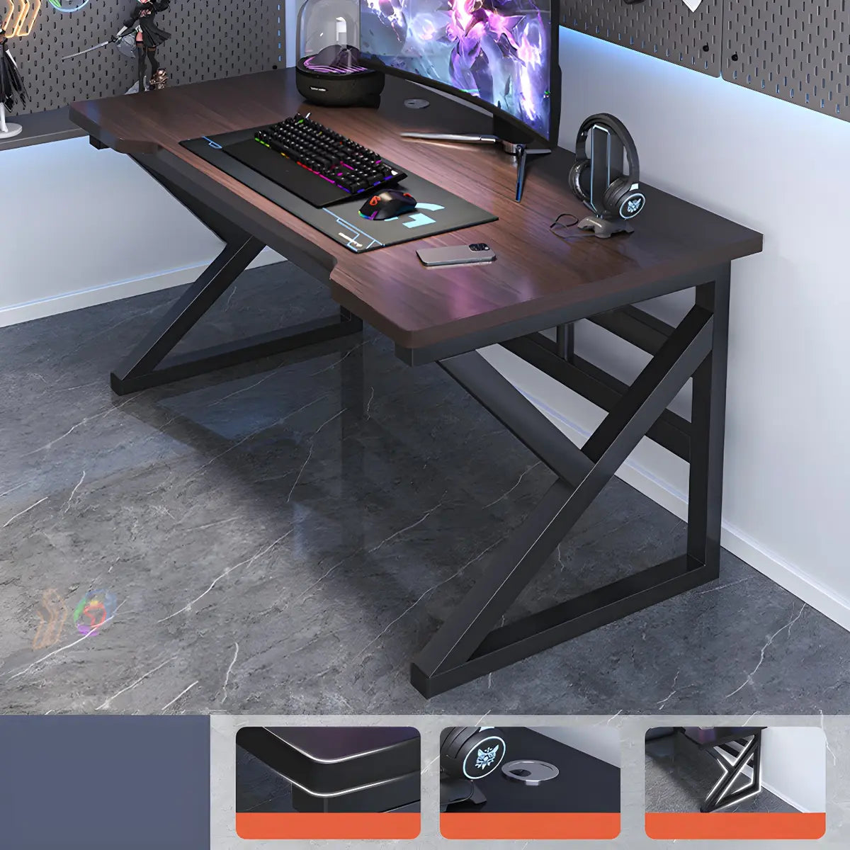 Black Wooden Rectangular Cable Trestle Gaming Desk Image - 15