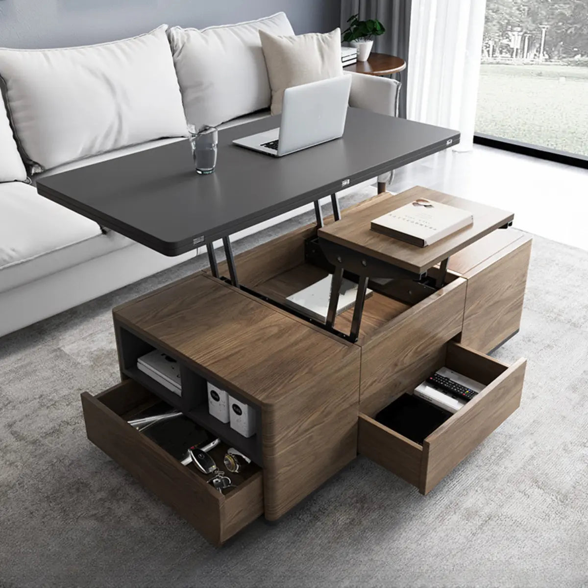 Black Wooden Rectangular Coffee Table with Lift Top Image - 2