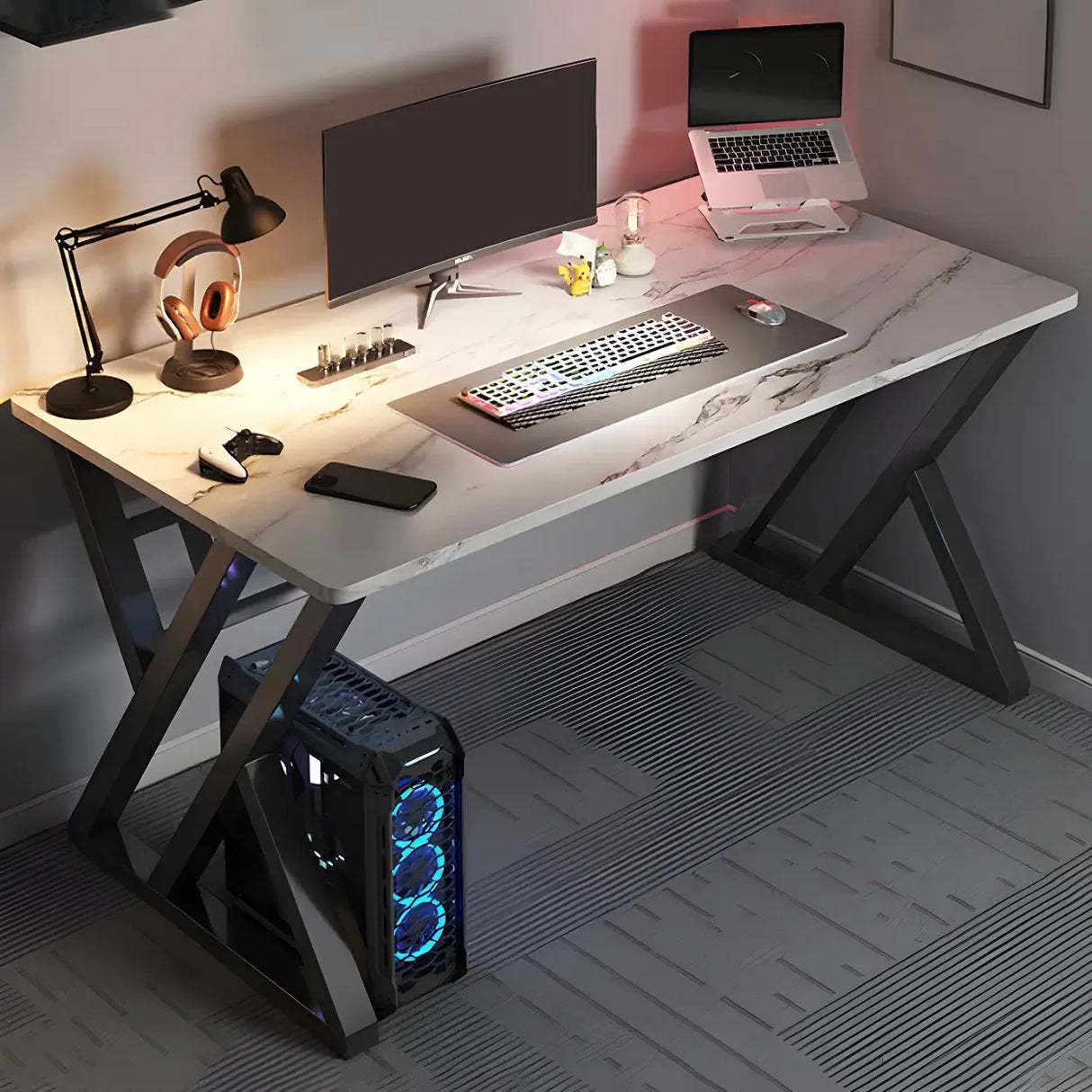 Black Wooden Rectangular Steel Sled Computer Desk Image - 5