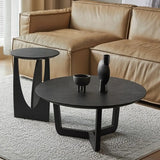 Black Wooden Round Coffee Table with Abstract Base Image - 1