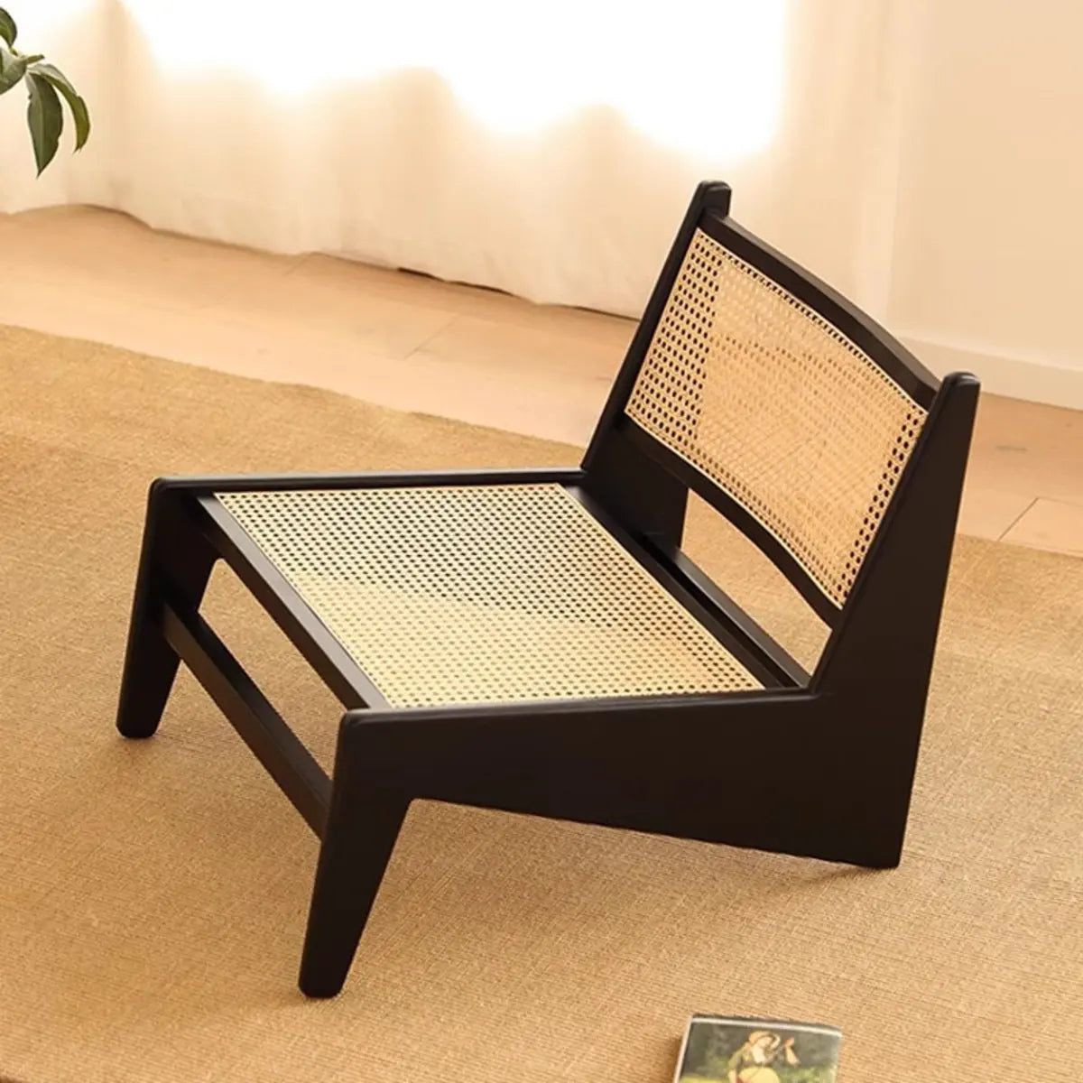 Black Woven Back Wooden Frame Armless Lounge Chair Image - 1