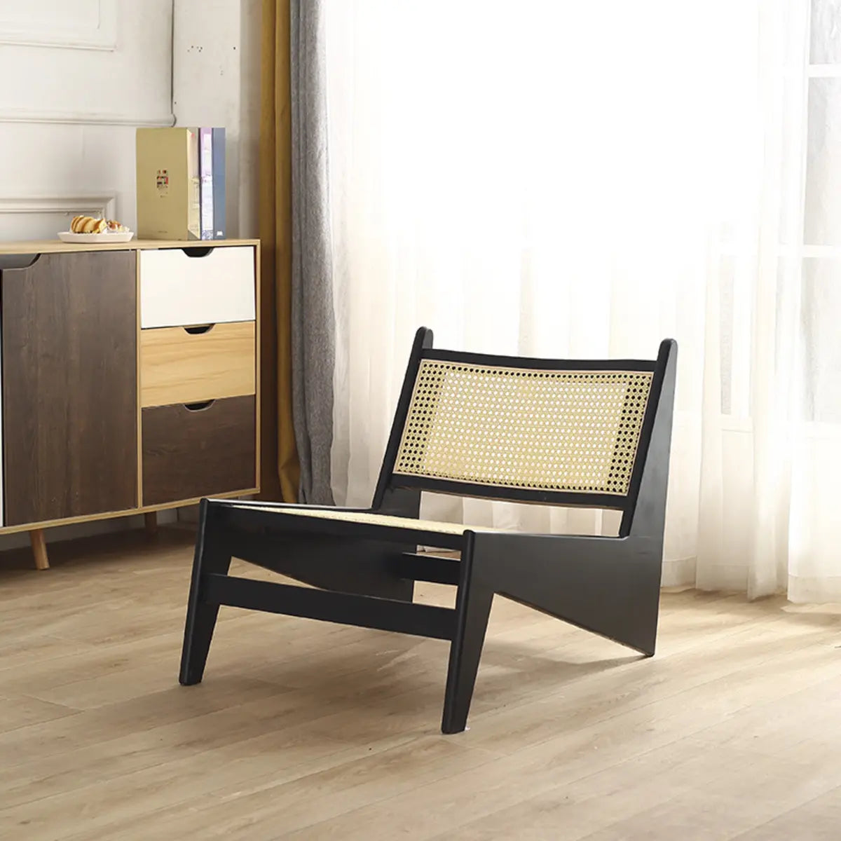 Black Woven Back Wooden Frame Armless Lounge Chair Image - 3