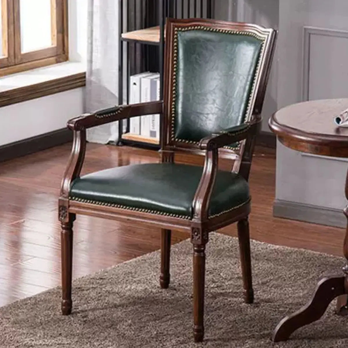 Blackish Green Nailhead Leather Arm Chair Dining Chair Image - 11