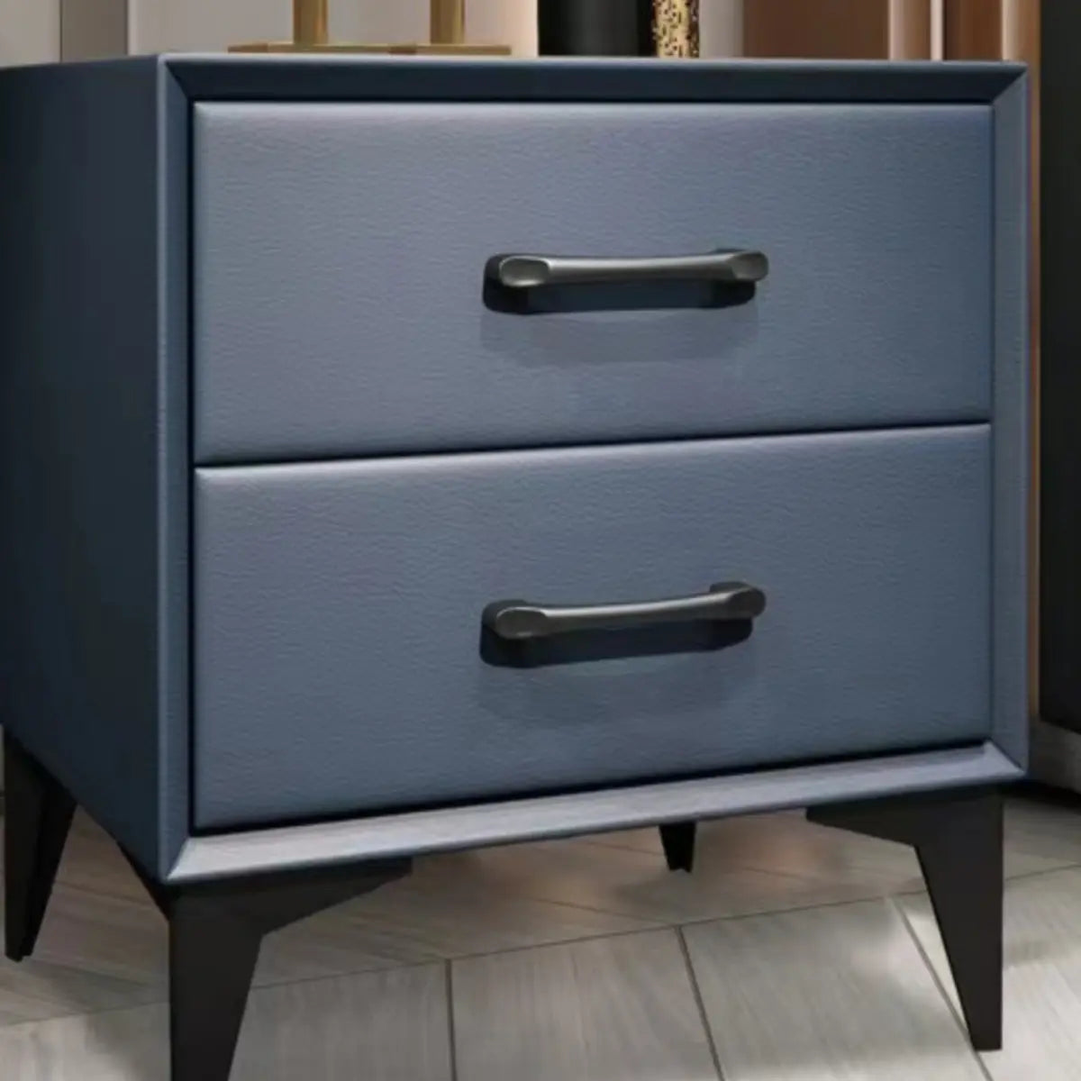 Blue 2 Tiers Storage Square Leather Nightstand with Legs