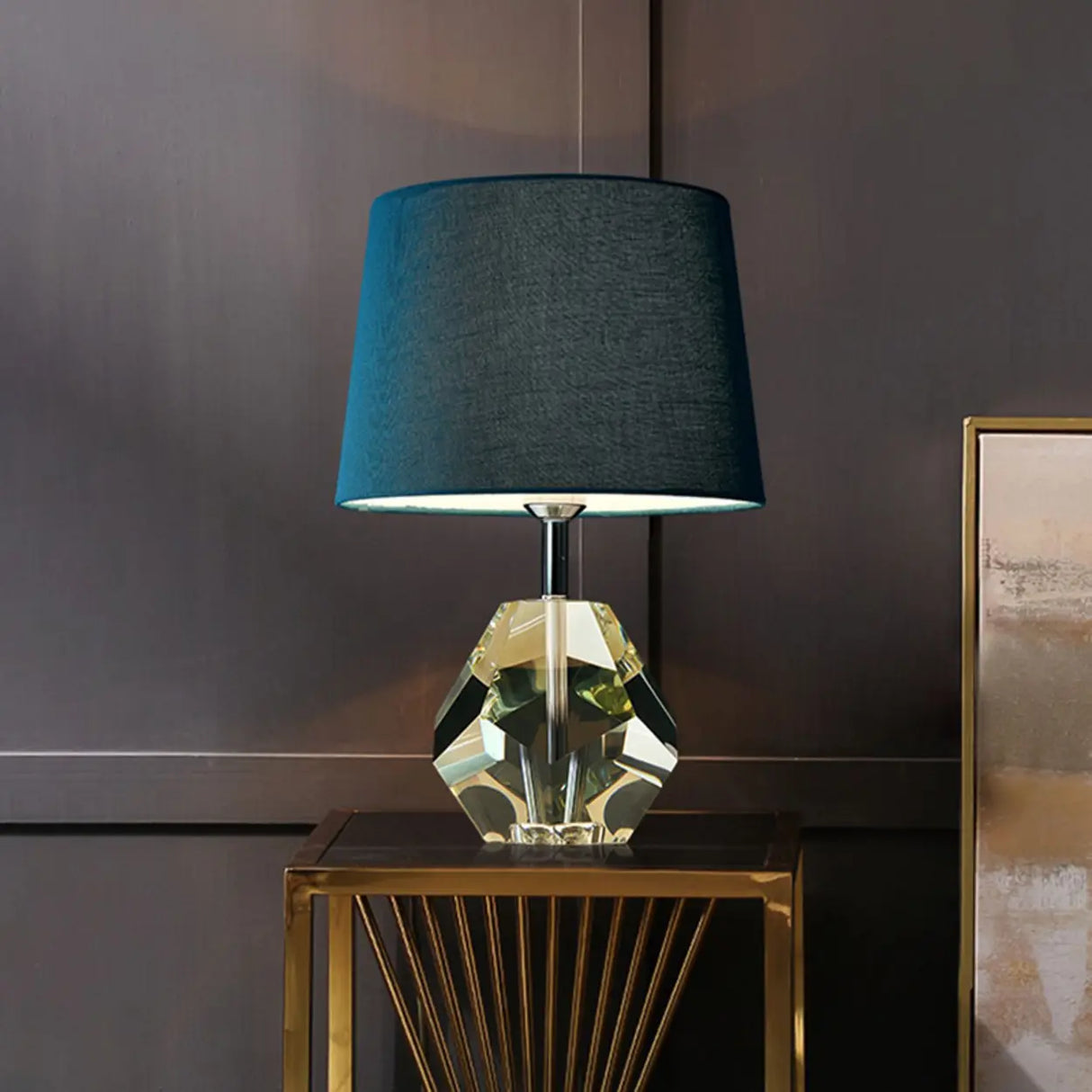 Blue Barrel Shade Crystal Base Standard Table Lamp Image - 3