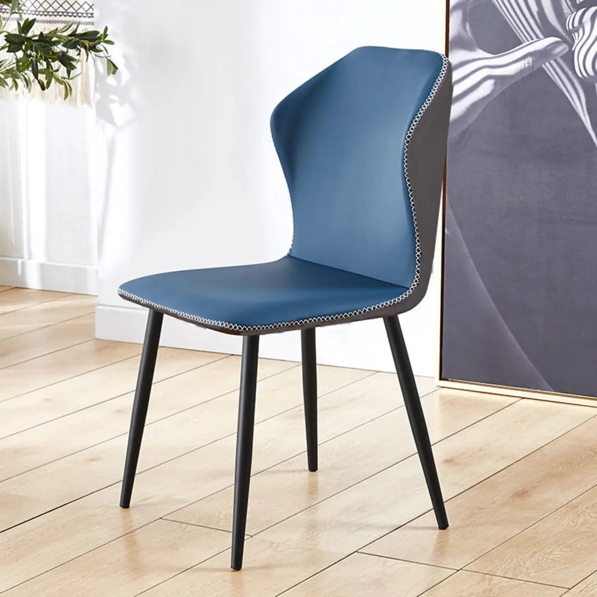 Blue-Brown Wingback Leather Upholstered Dining Chair Image - 7