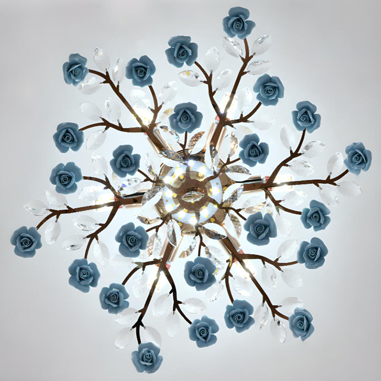 Blue Ceramic Flower Crystal Semi-Flush Mount Light Image - 19