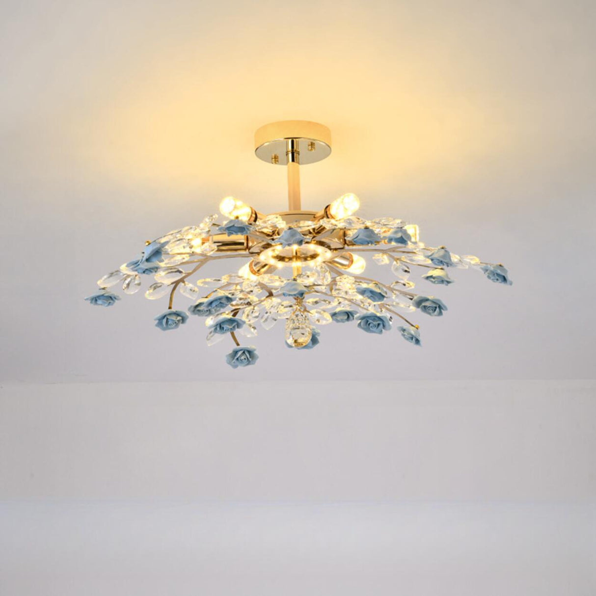 Blue Ceramic Flower Crystal Semi-Flush Mount Light Image - 6