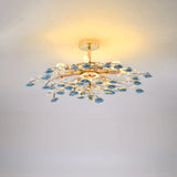 Blue Ceramic Flower Crystal Semi-Flush Mount Light Image - 7