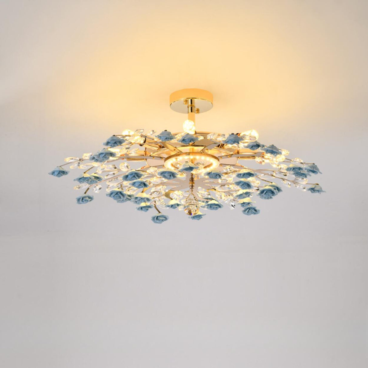 Blue Ceramic Flower Crystal Semi-Flush Mount Light Image - 8