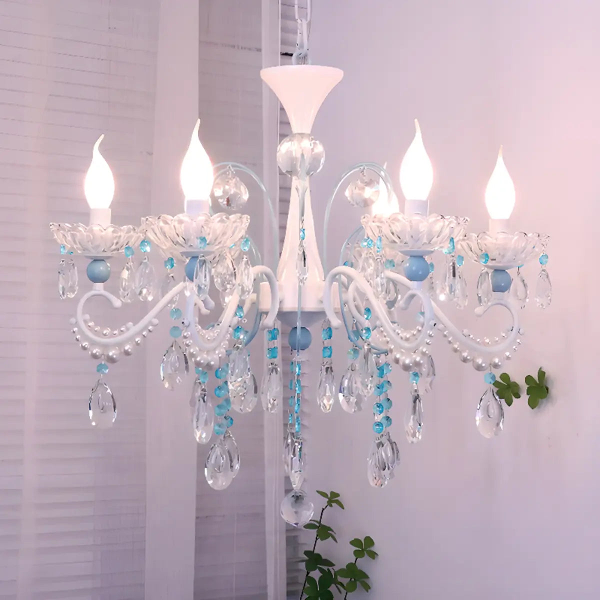 Blue Crystal Pearl Candelabra Living Room Chandelier Image - 3