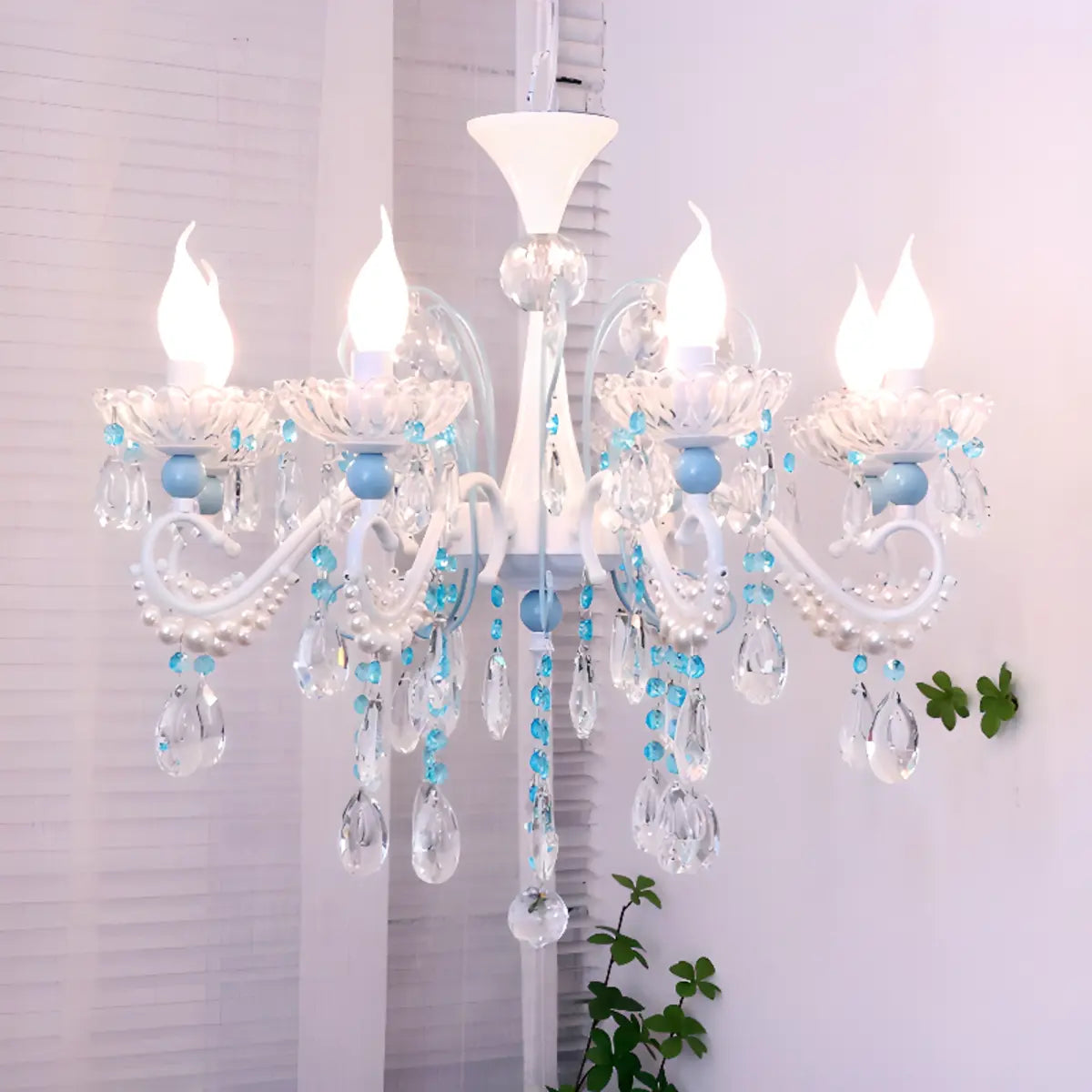 Blue Crystal Pearl Candelabra Living Room Chandelier Image - 5