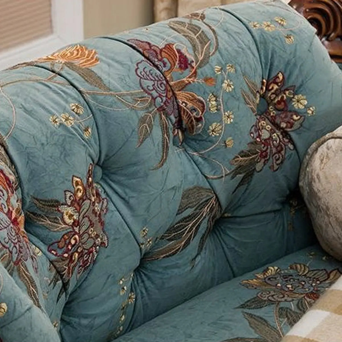 Blue Flannel Floral Tufted Pillow Right-Arm Chaise Image - 11