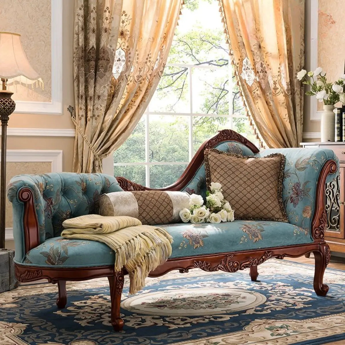 Blue Flannel Floral Tufted Pillow Right-Arm Chaise Image - 3