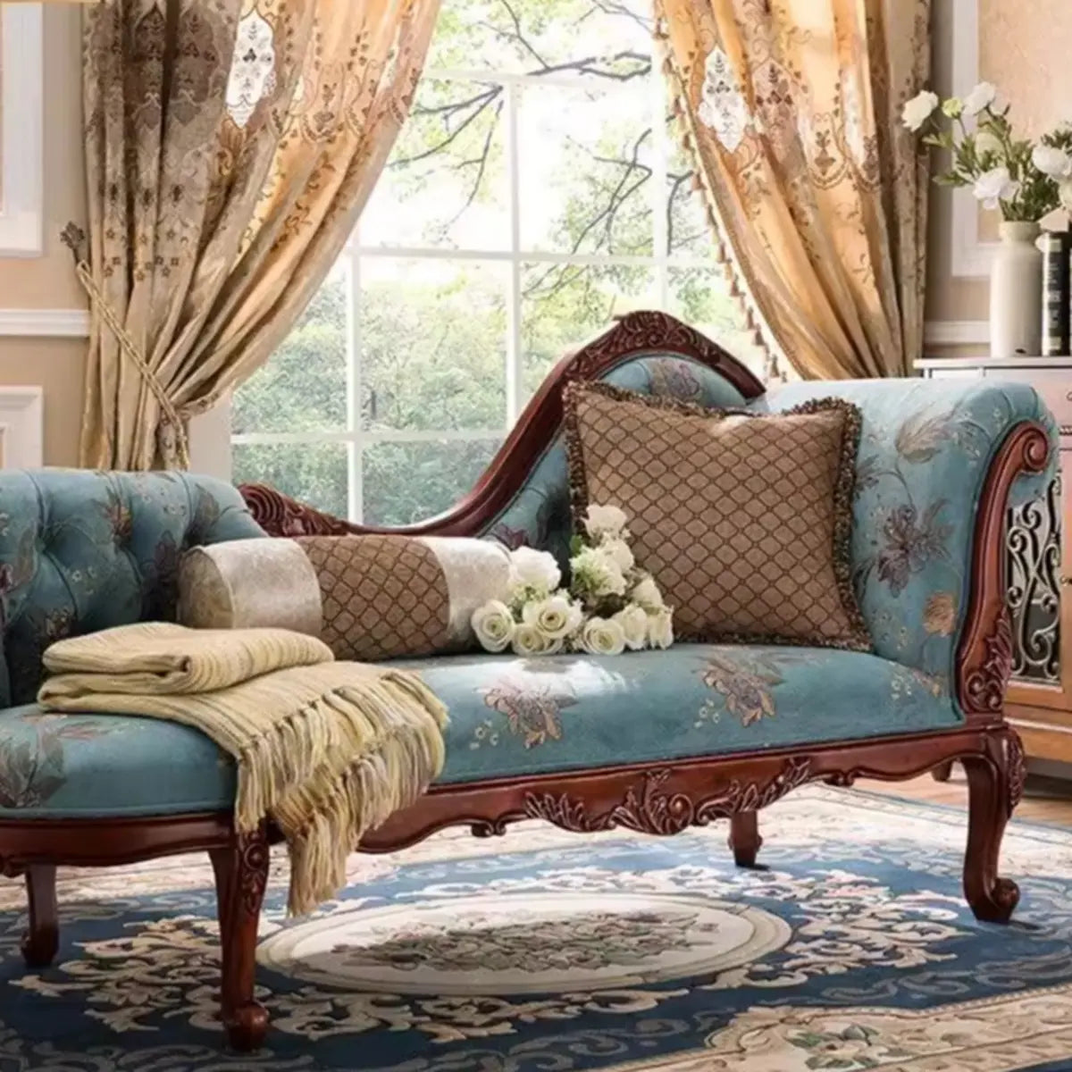 Blue Flannel Floral Tufted Pillow Right-Arm Chaise Image - 8