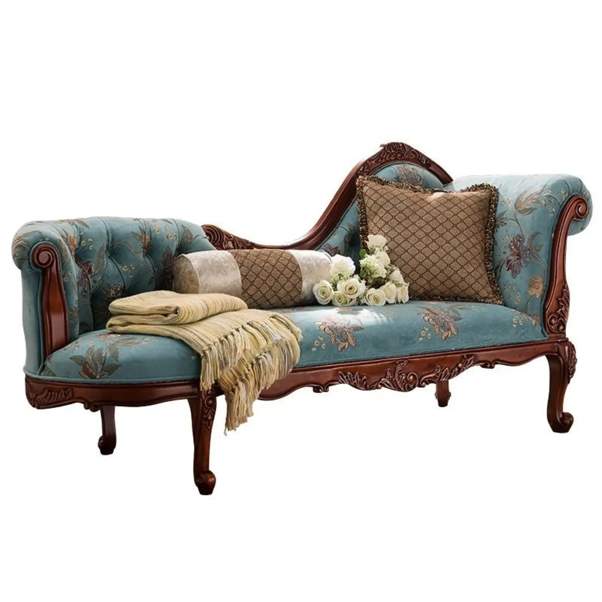 Blue Flannel Floral Tufted Pillow Right-Arm Chaise Image - 9