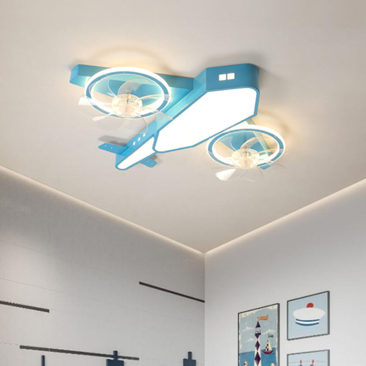 Blue Kids Airplane LED Clear Blade Ceiling Fan Light Image - 1