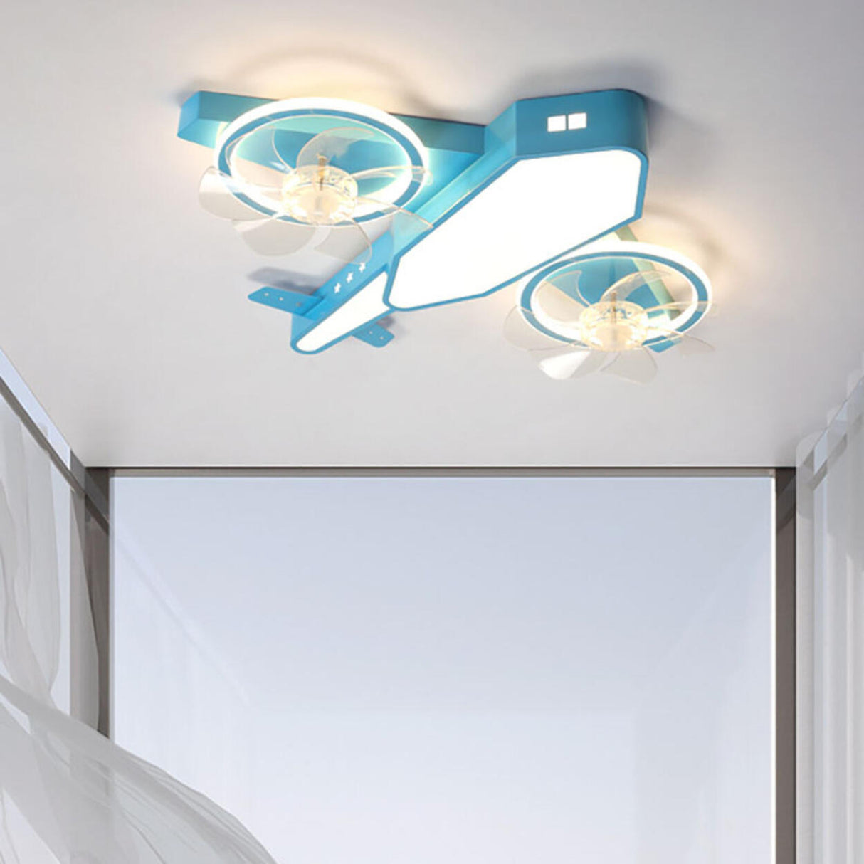 Blue Kids Airplane LED Clear Blade Ceiling Fan Light Image - 18