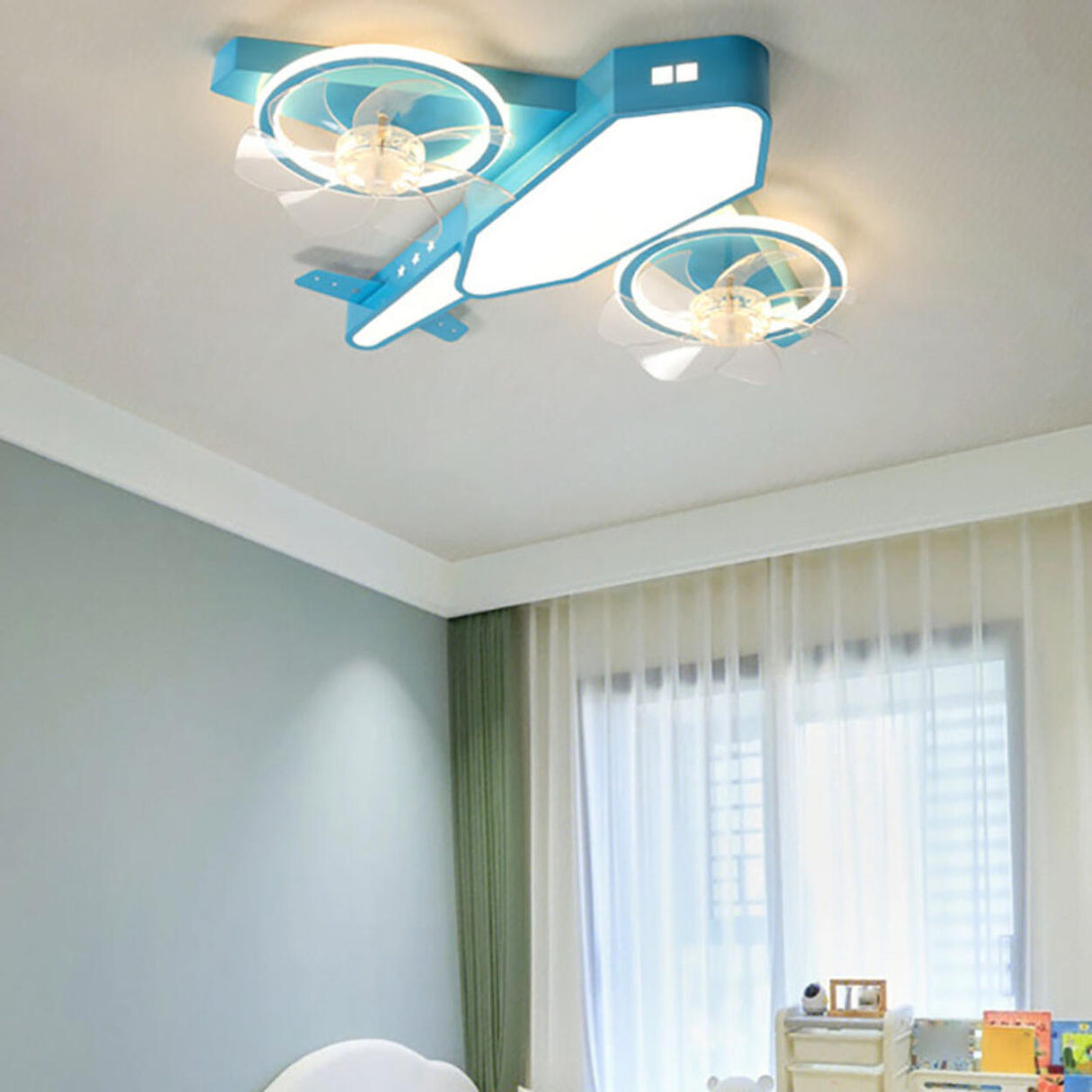 Blue Kids Airplane LED Clear Blade Ceiling Fan Light Image - 19