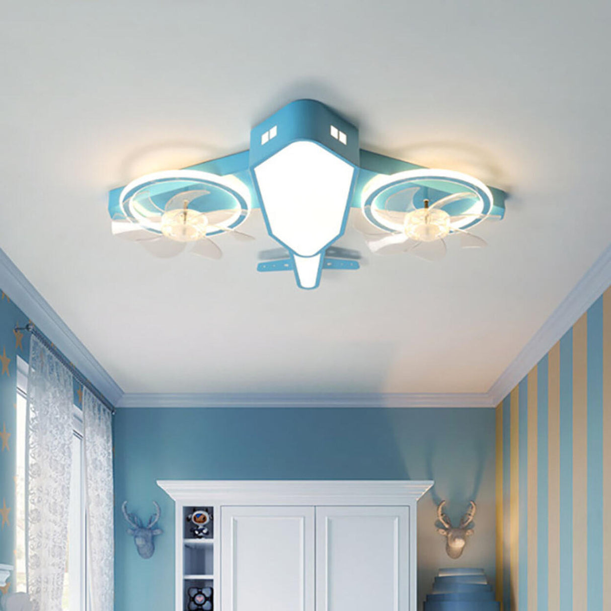 Blue Kids Airplane LED Clear Blade Ceiling Fan Light Image - 4