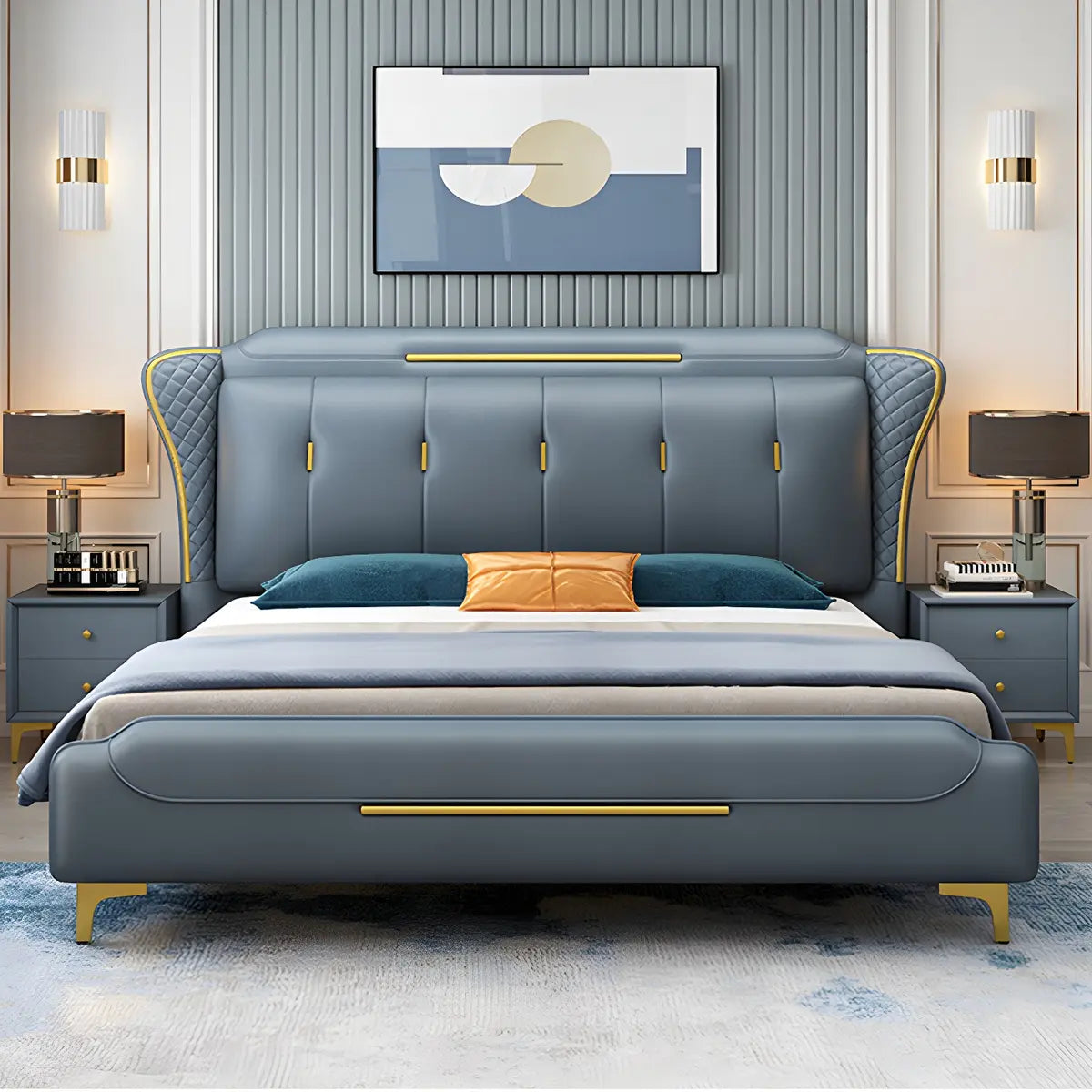 Blue Leather Upholstered Headboard King Wingback Bed Image - 1