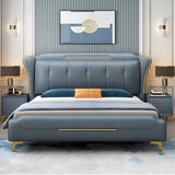 Blue Leather Upholstered Headboard King Wingback Bed Image - 1