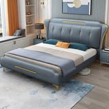 Blue Leather Upholstered Headboard King Wingback Bed Image - 2