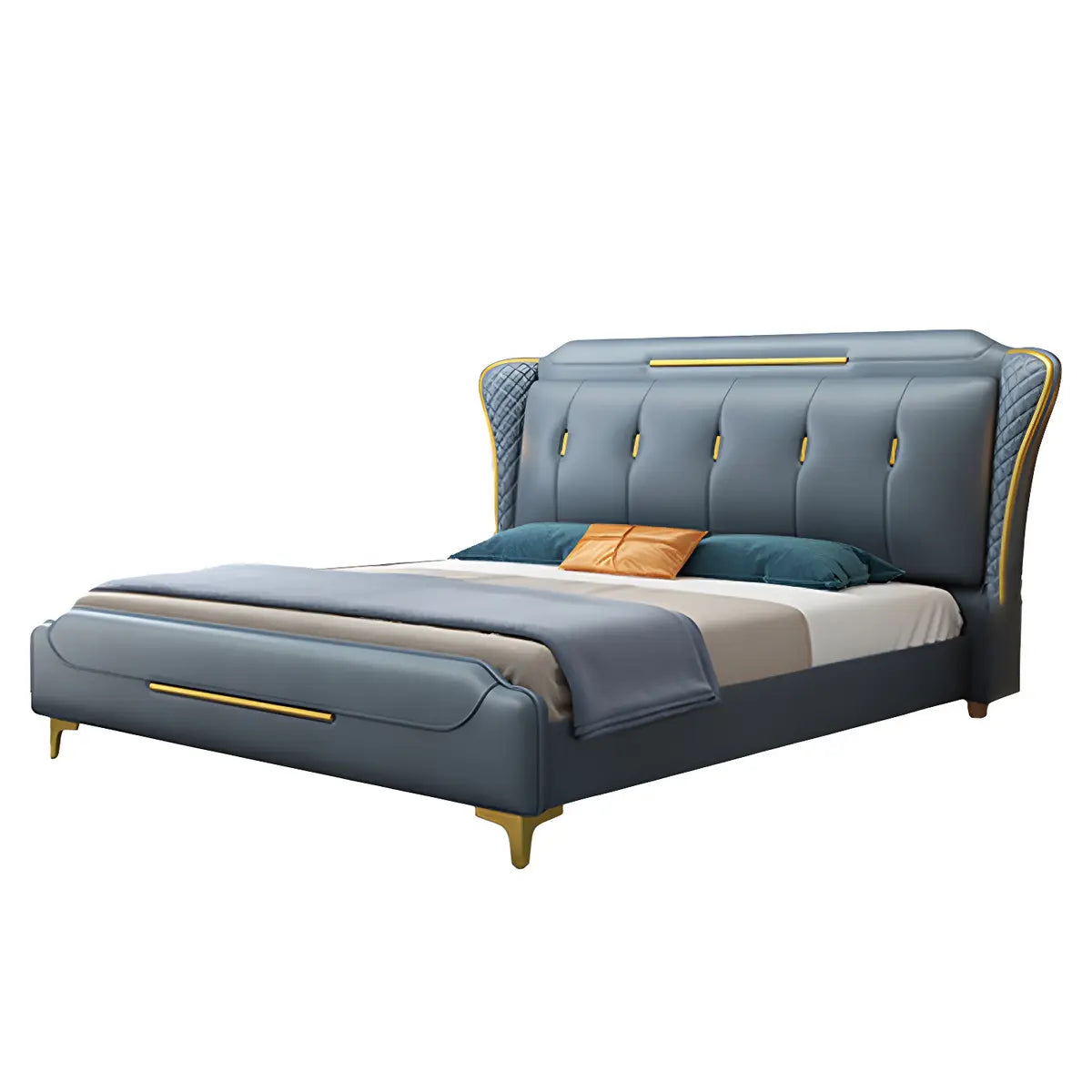 Blue Leather Upholstered Headboard King Wingback Bed Image - 5