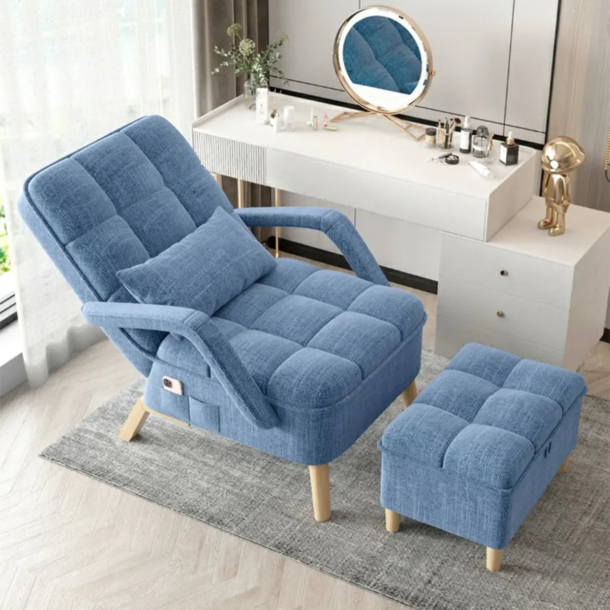 Blue Lockable Back Fabric Compact Recliner with Ottoman Image - 1